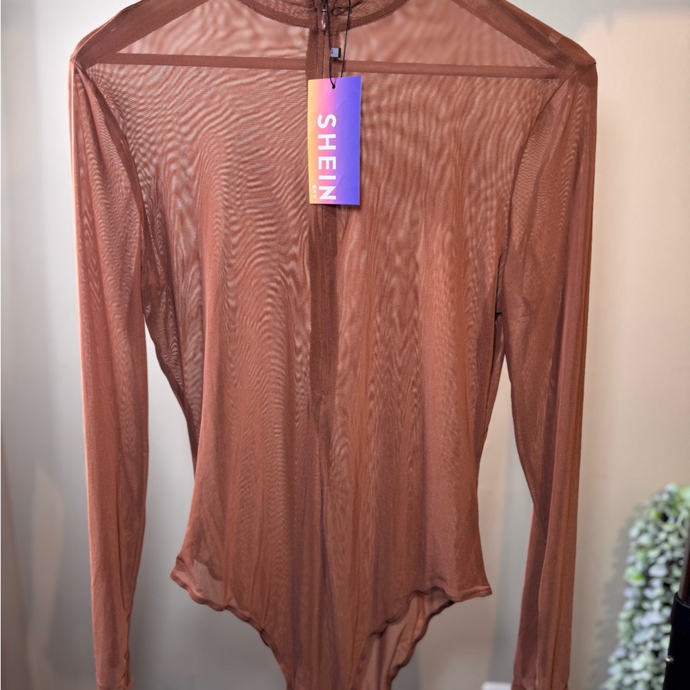 SHEIN Coffee Sheer Long Sleeve Bodysuit